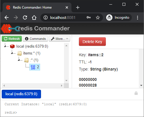 Redis commander showing cached values from Spring Boot