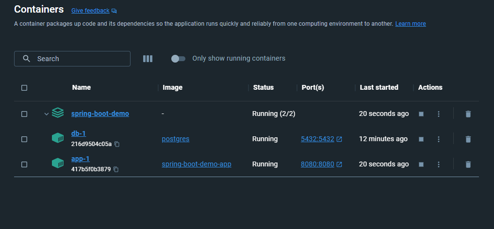 Spring Boot and DB containers showing in the list of containers page of docker desktop
